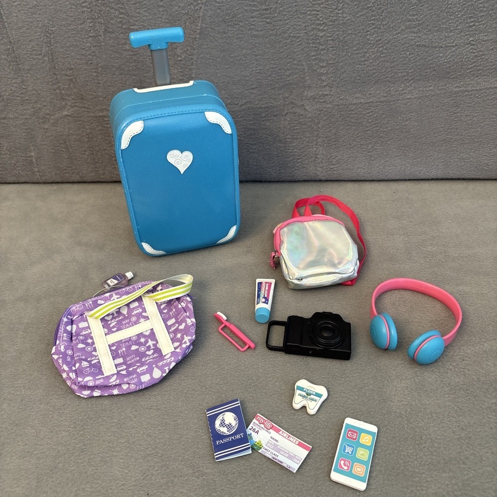 18" Doll Rolling Travel Suitcase Our Generation/Teal Headphones Backpack